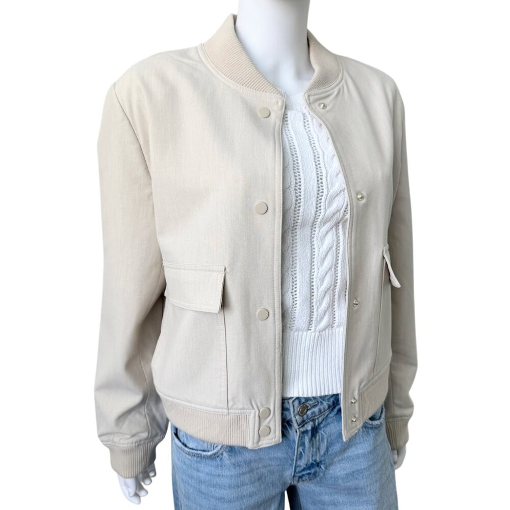Rachel Zoe Beige Cropped Bomber Jacket Snap Front Utility Pocket Women’s Size L